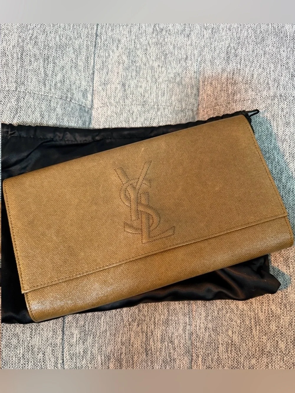 Saint Laurent Olive Brown YSL Embossed Leather Clutch